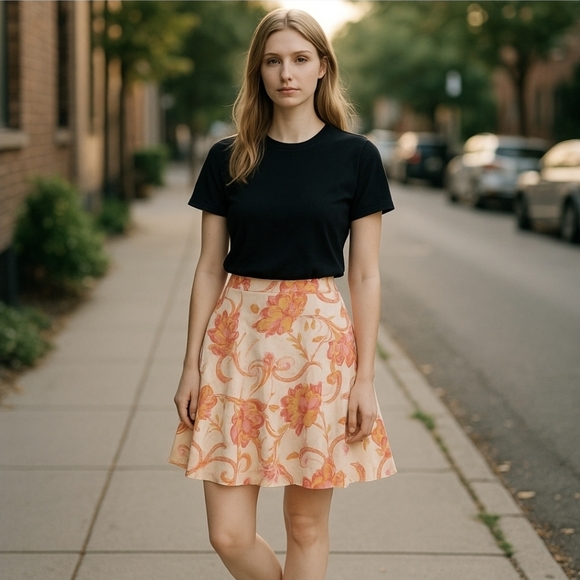 Nine West Vibrant Floral A-Line Skirt – Pink/Orange Cotton Blend w/ Side Zip - Picture 1 of 9
